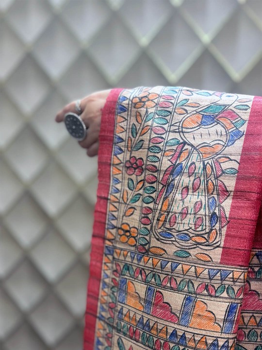 RED TASSAR HANDPAINTED MADHUBANI SILK SAREE